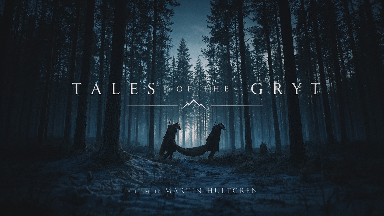 Två djurgestalter bär en människa genom en mörk tallskog i Tales of the Gryt, en kortfilm skapad med generativ AI.