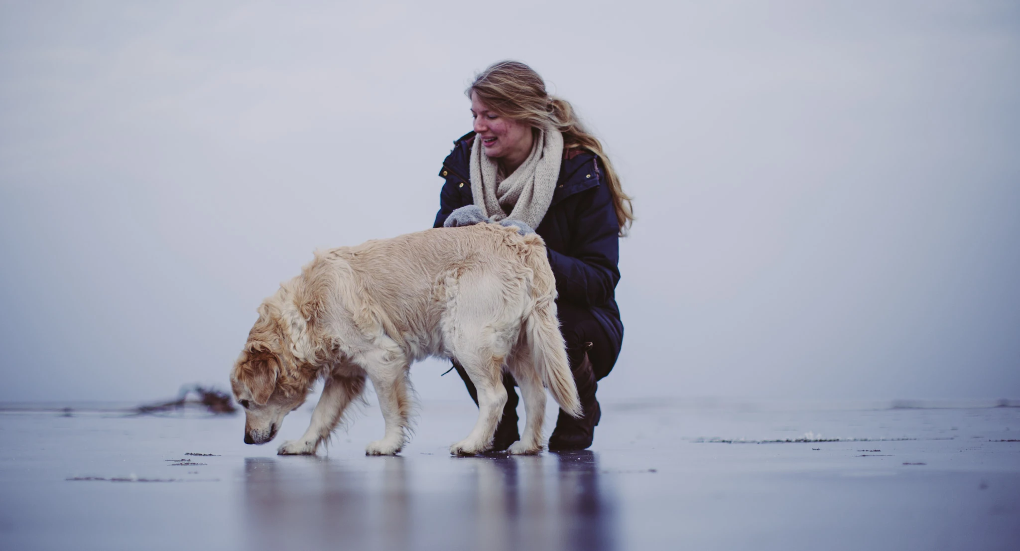En kvinna böjer sig nära sin hund på en dimmig, frusen sjö.