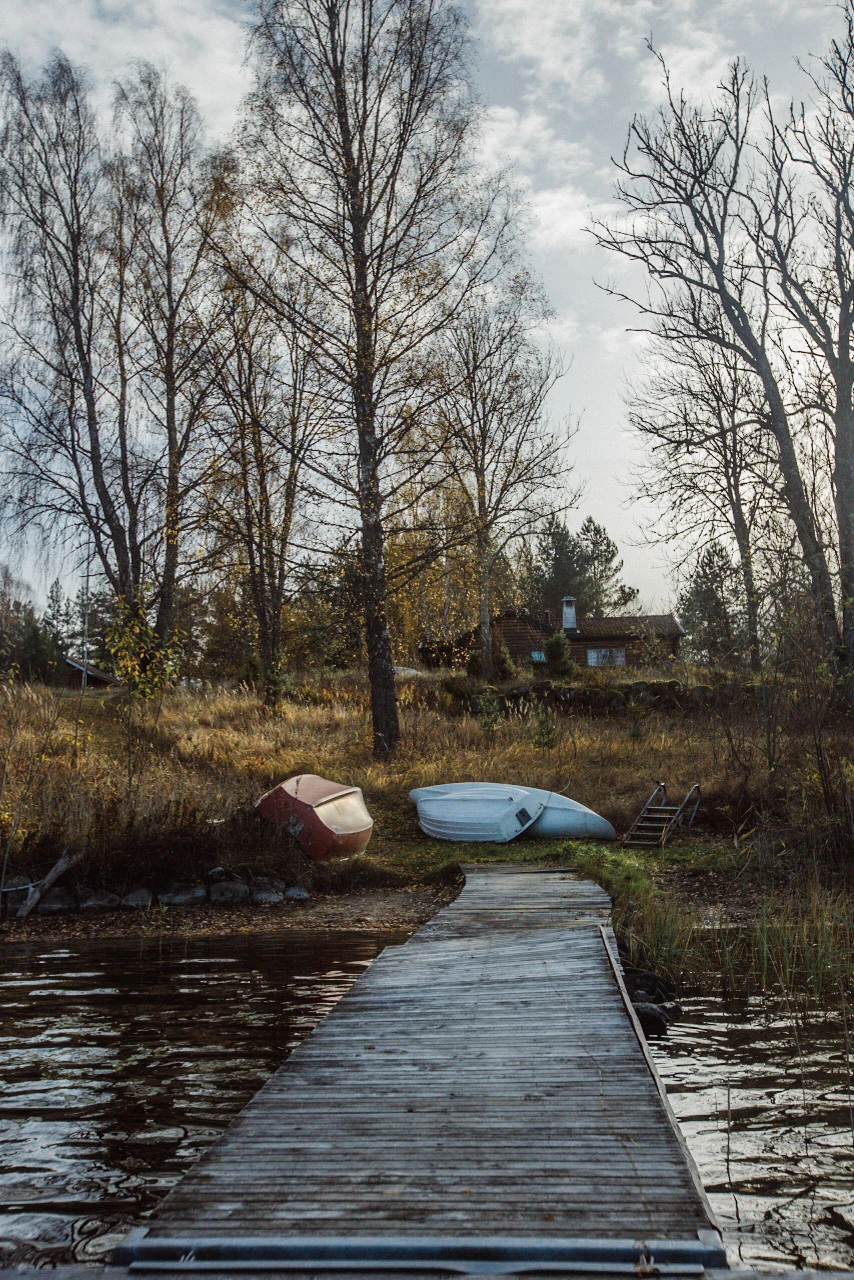 En smal träbrygga leder mot en ljus båt och nakna träd vid en lugn vik.
