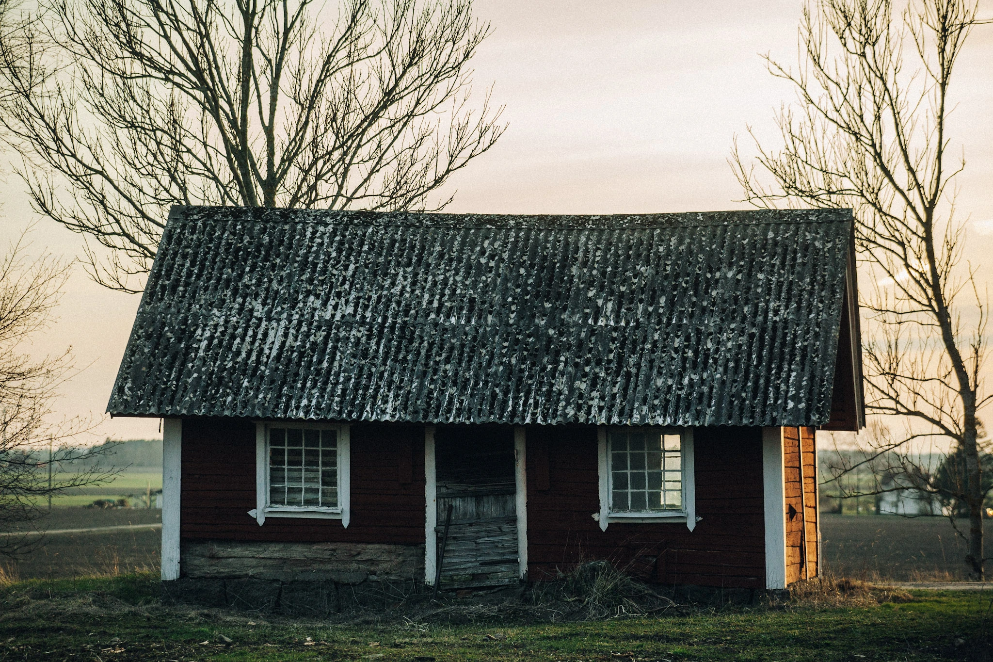 A small red wooden house stands before bare trees in warm light.
