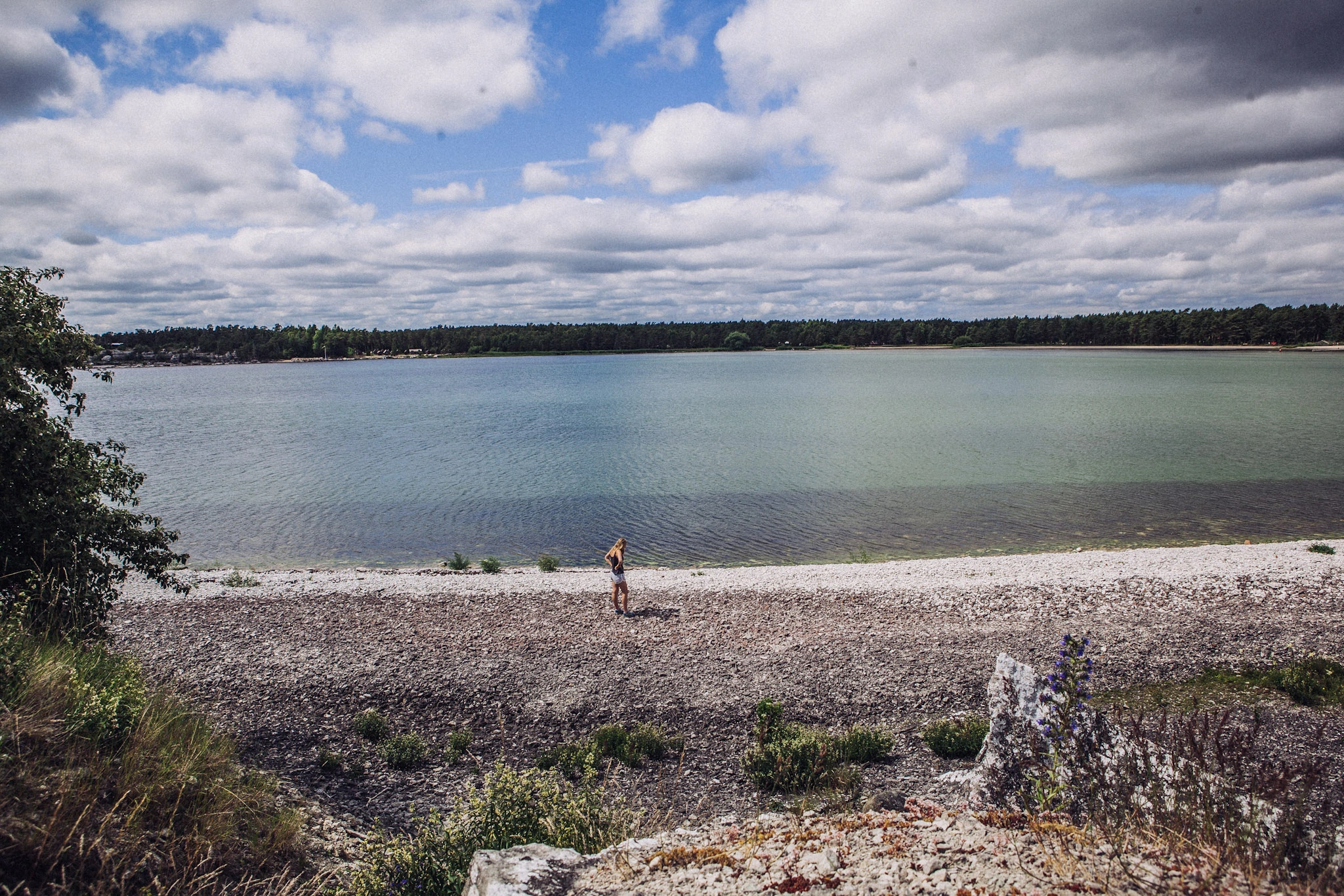 En ensam badare vid ett ljust vatten med träd runt stranden.