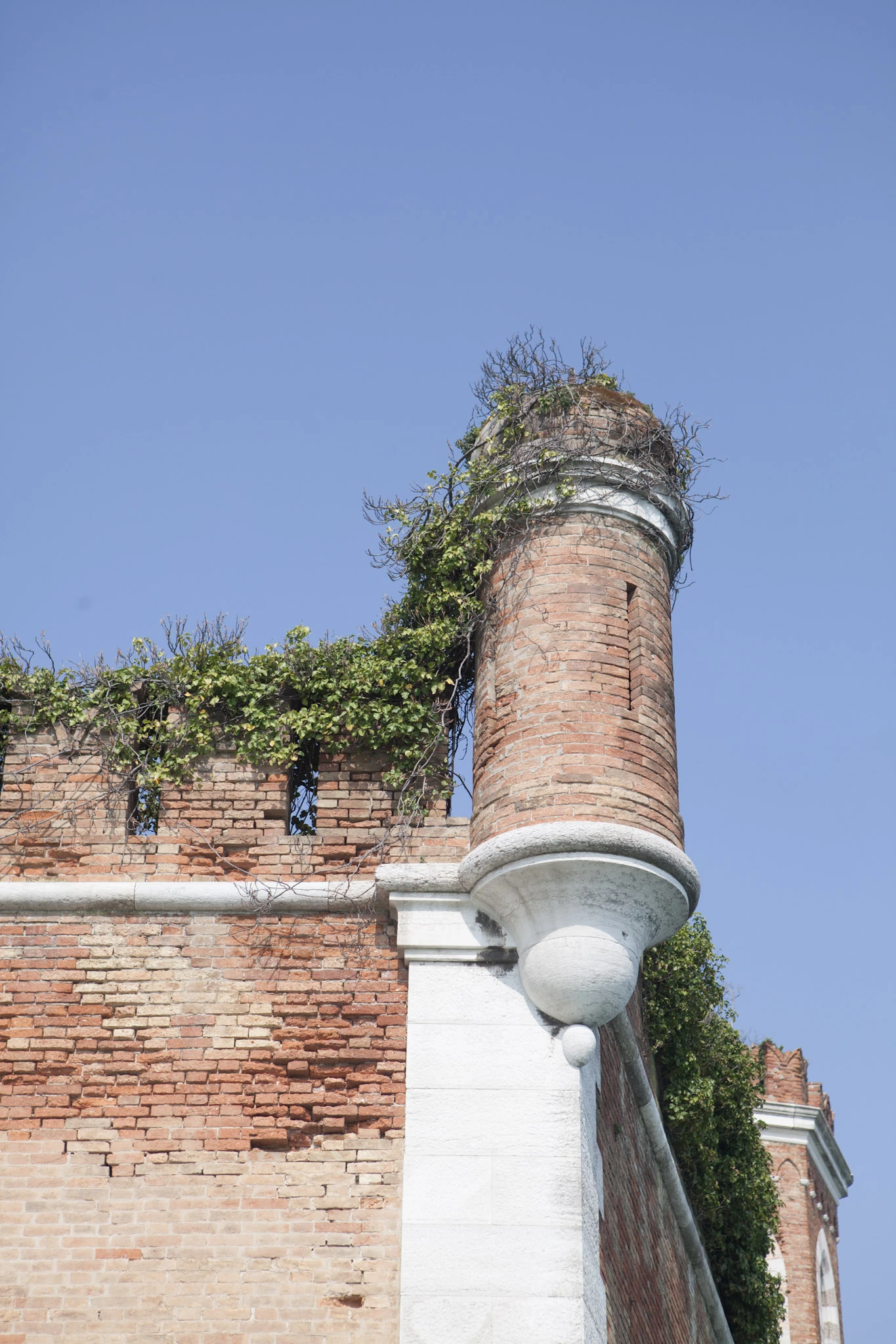 A slender brick turret with plants on top above a pale stone wall against a blue sky.