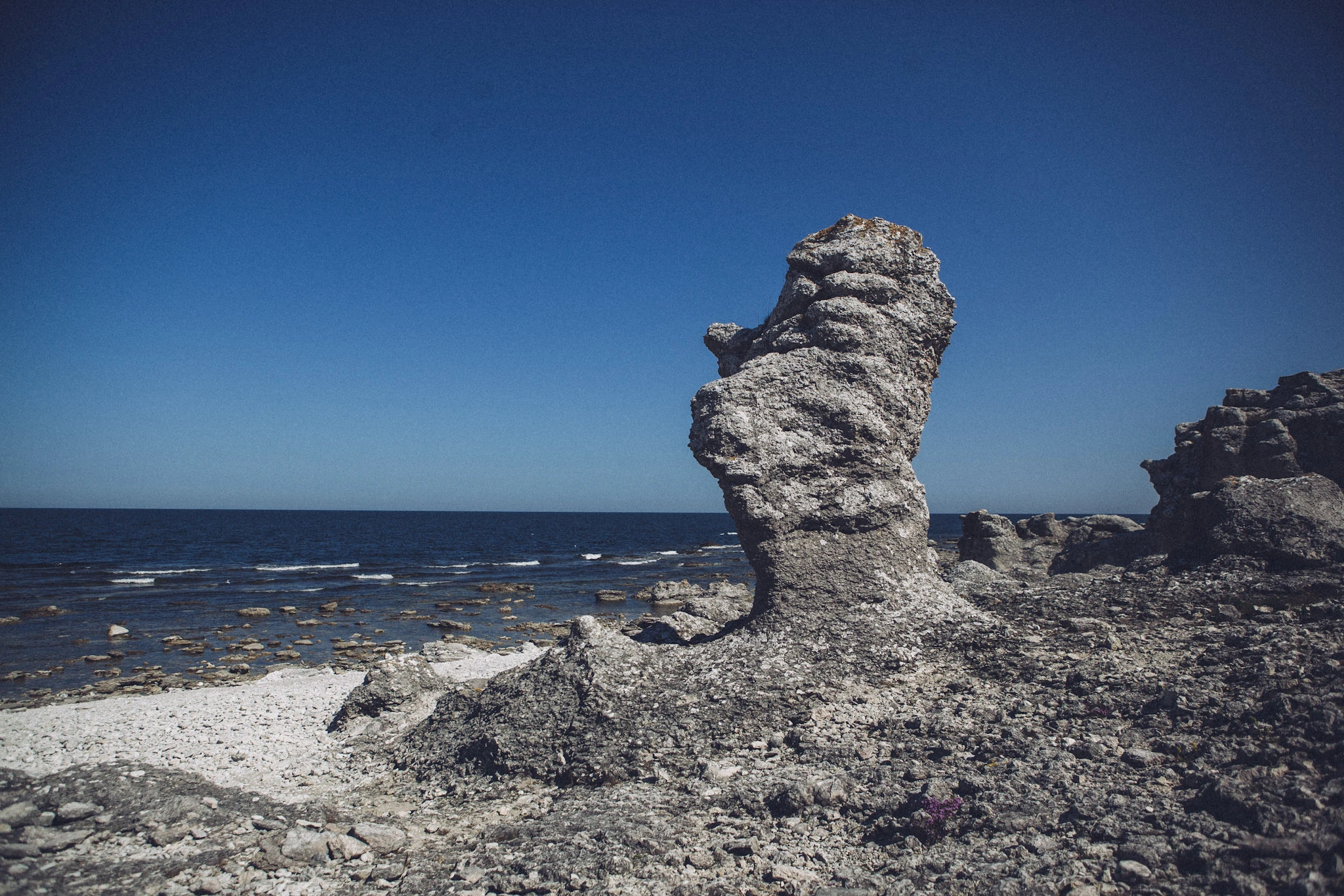 En ensam kalkstensrauk står vid havet under en mörkblå himmel.